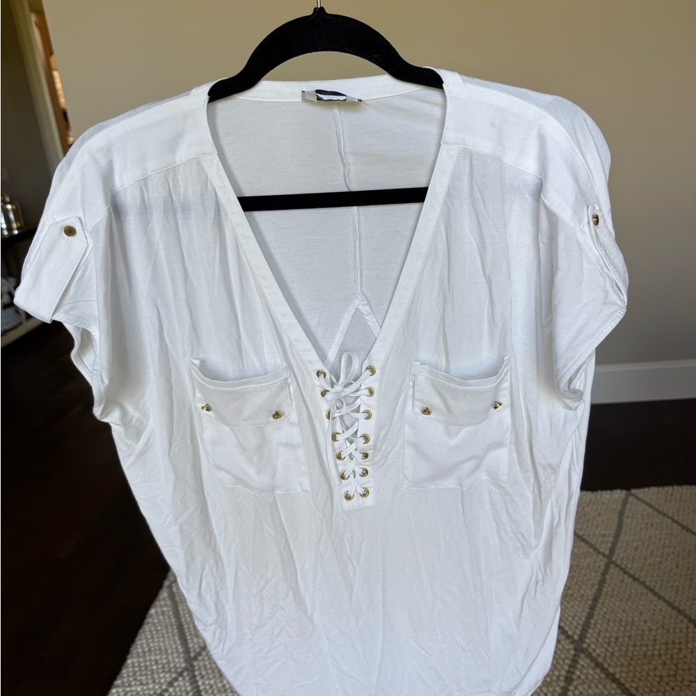 Bebe White Lace-Up Pocket Tunic Top